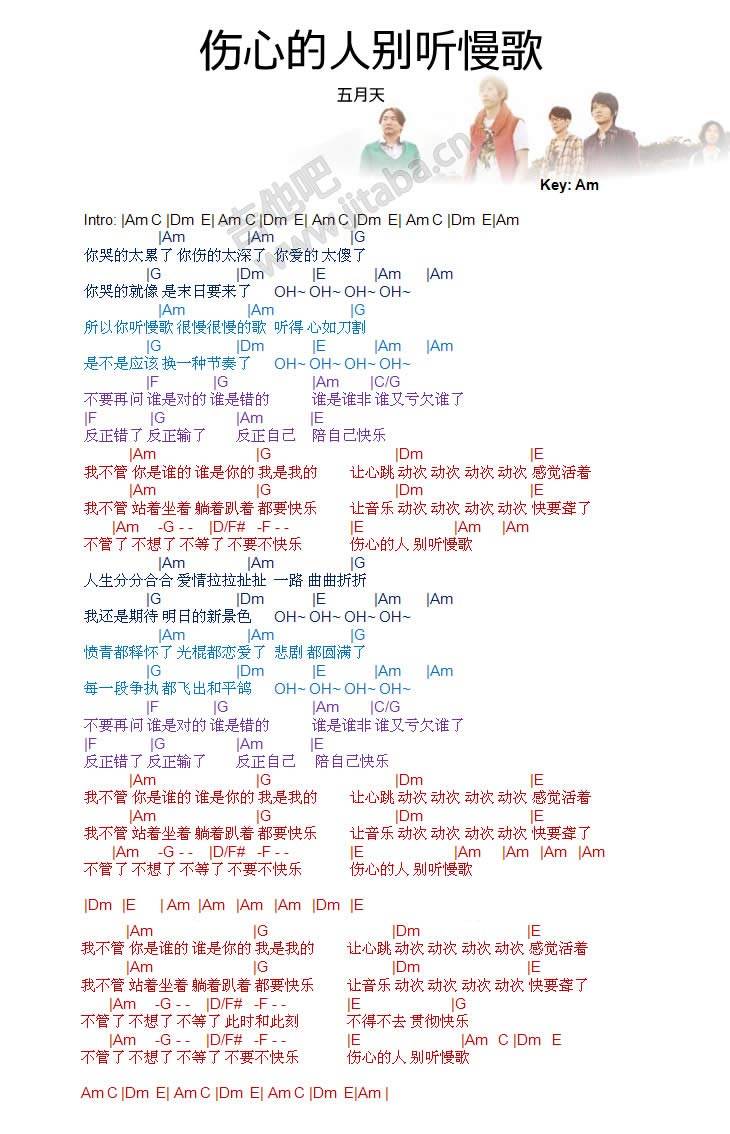 伤心的人别听慢歌 和弦简单版吉他谱 