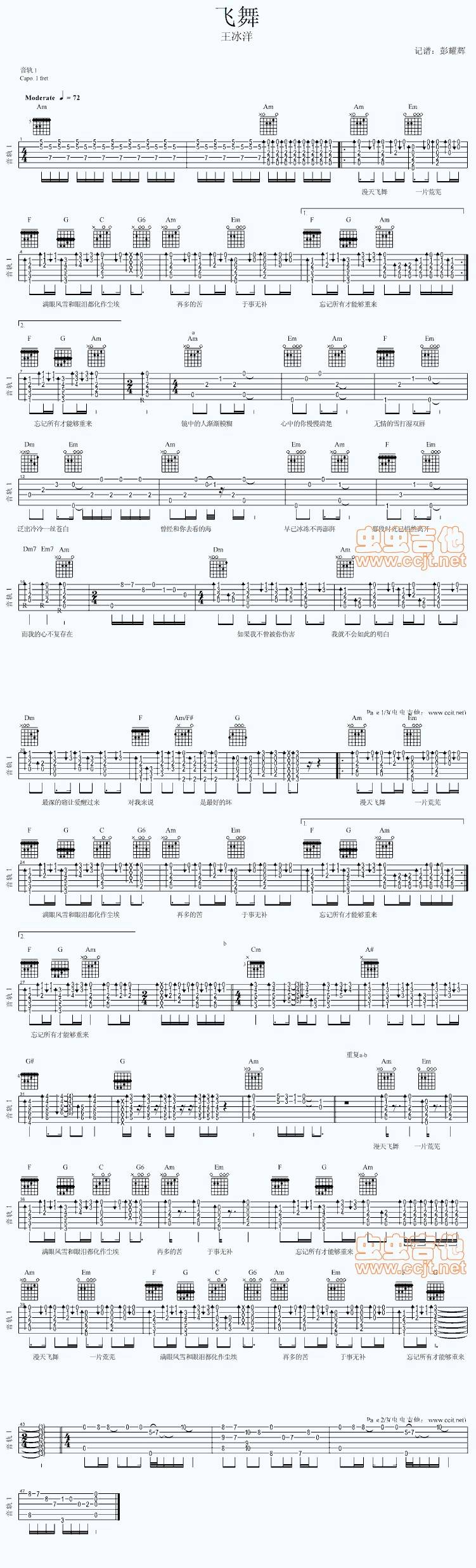 王冰洋 飞舞吉他谱 