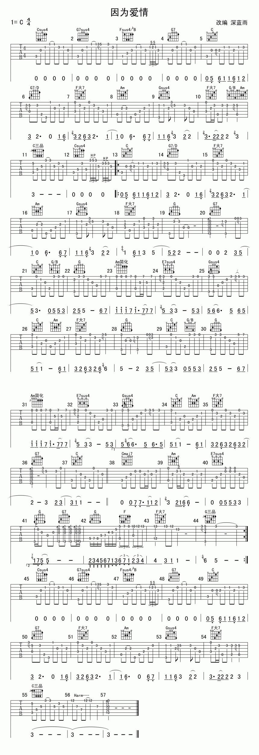 因为爱情 深蓝雨改编吉他谱 