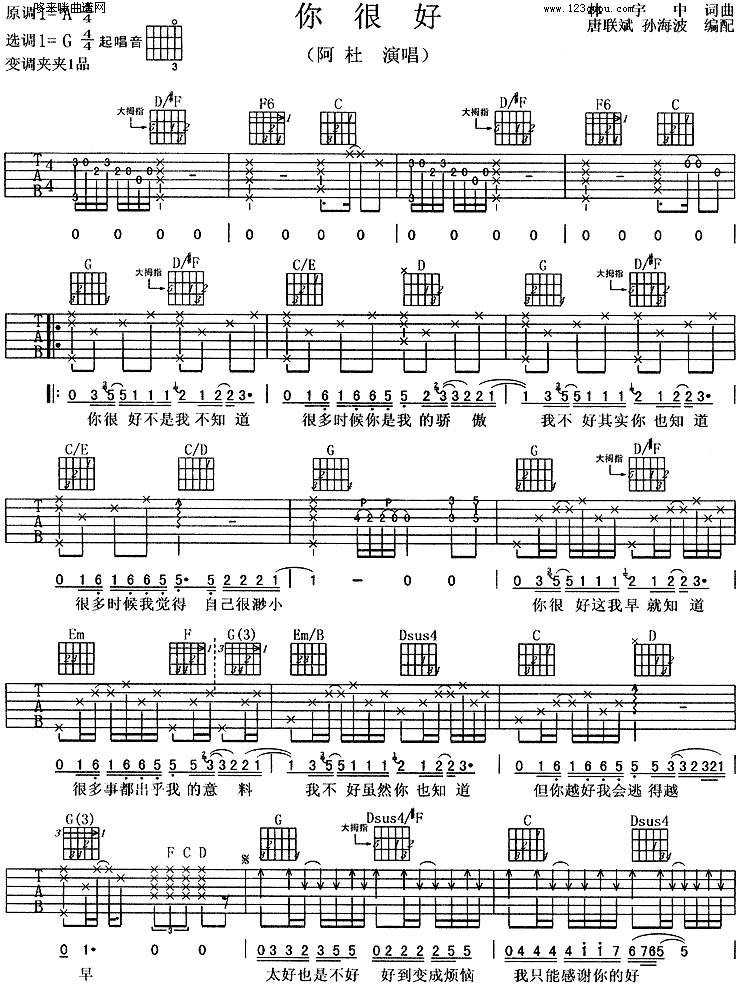 你很好 (阿杜)吉他谱