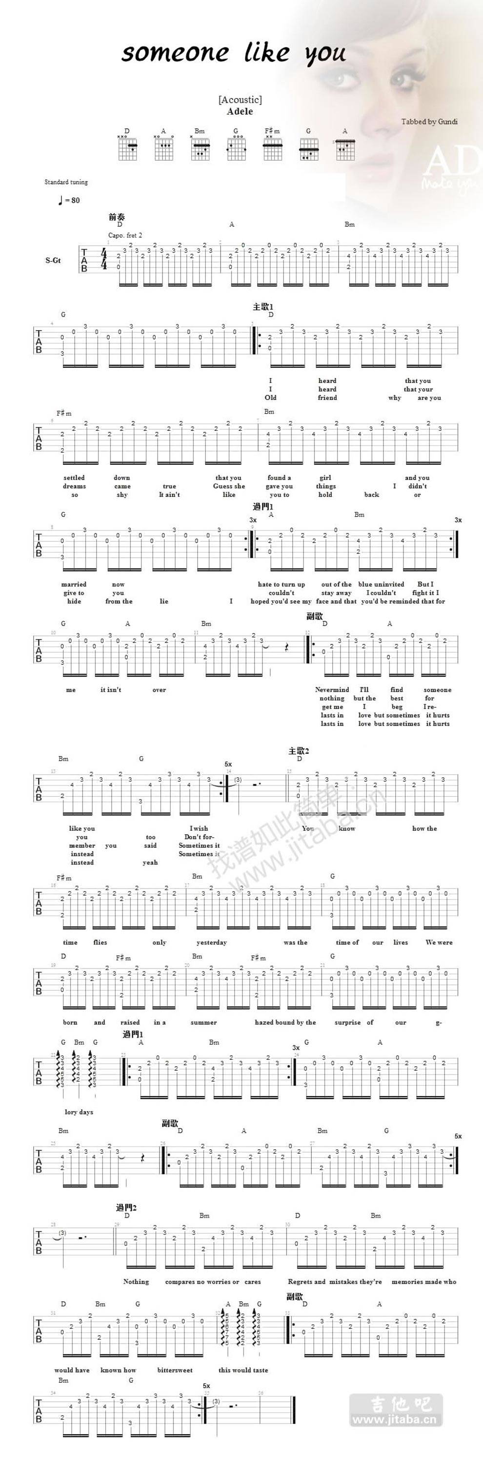 someone like you-弹唱 阿黛尔吉他谱 