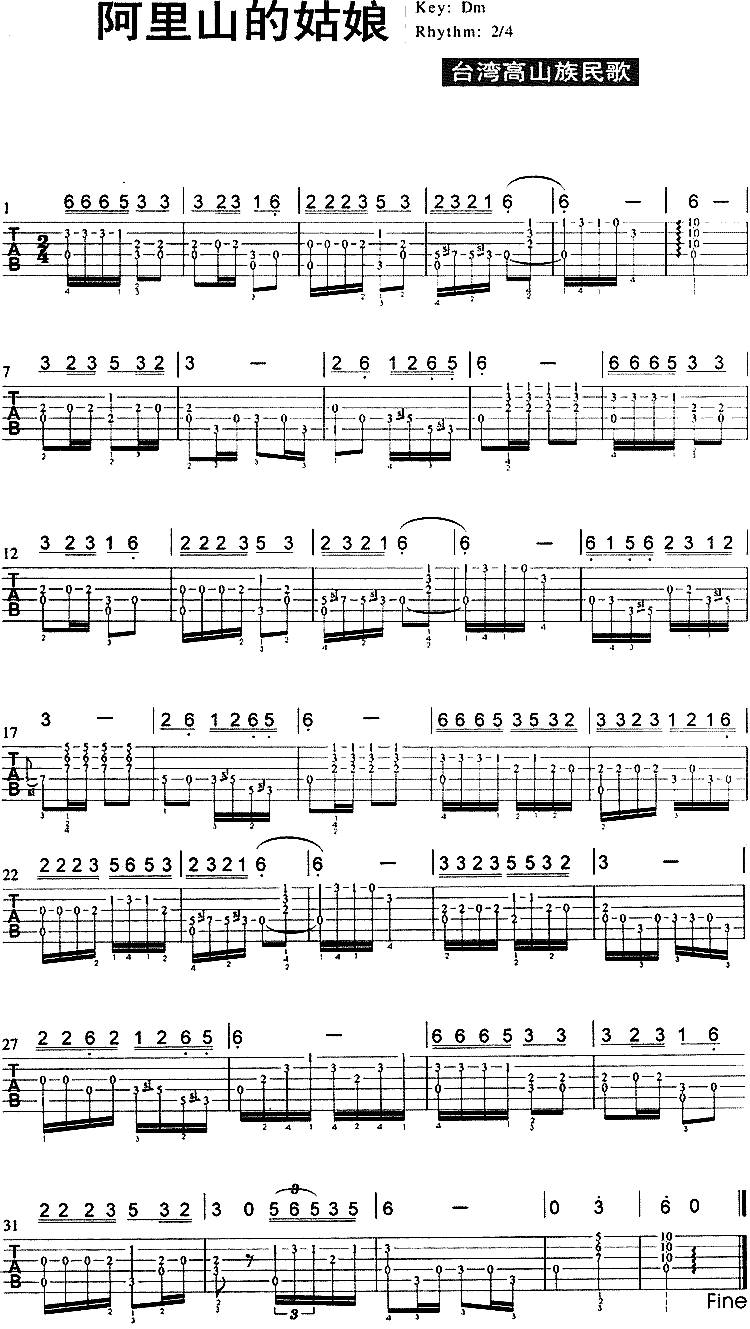 阿里山的姑娘吉他谱 