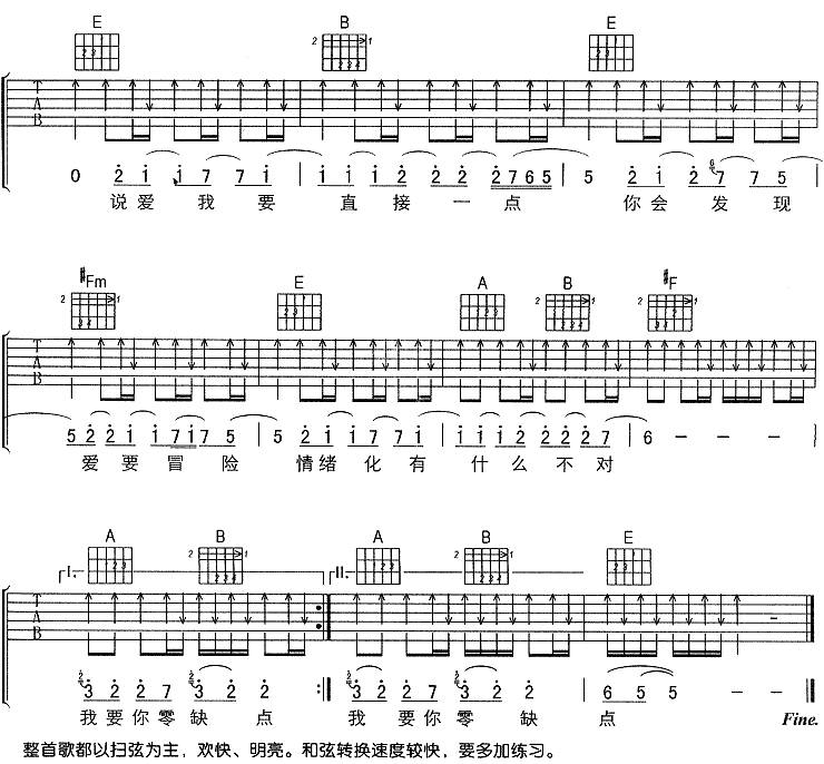 零缺点（孙燕姿）吉他谱 