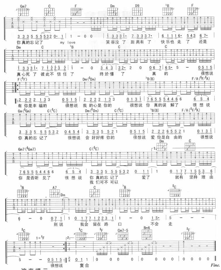 很想说吉他谱 