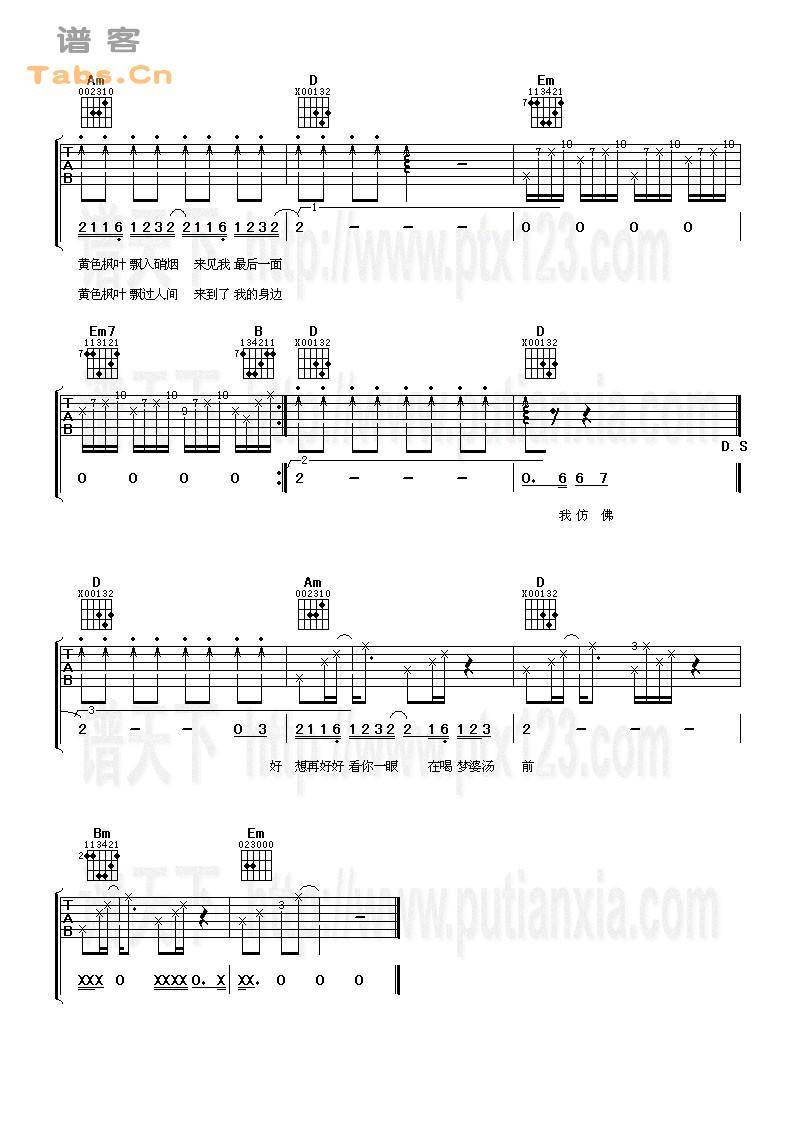 黄色枫叶 谱天下版	吉他谱 