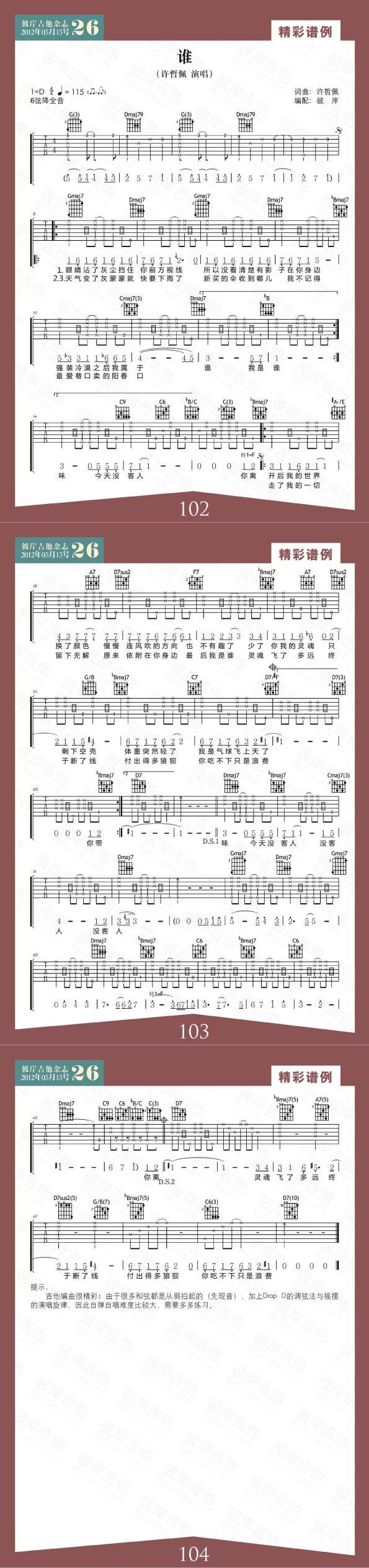 谁-许哲佩吉他谱 