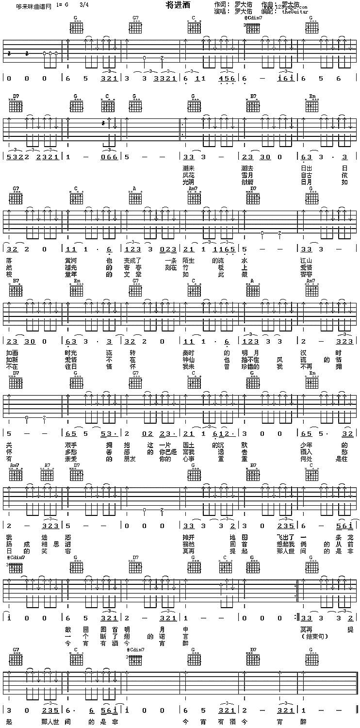 将进酒 (罗大佑)吉他谱 