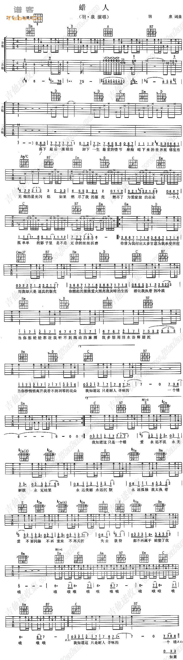 蜡人 	吉他谱 