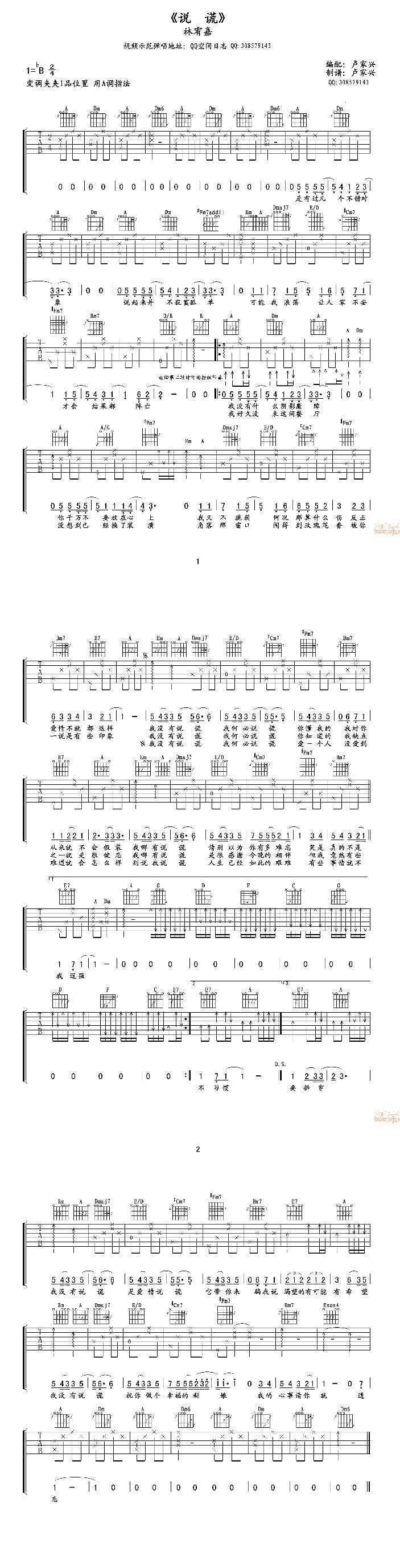 说谎 卢家兴编配吉他谱 