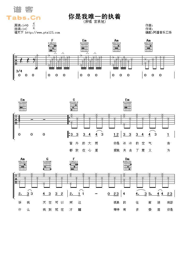 你是我唯一的执着 完美版	吉他谱