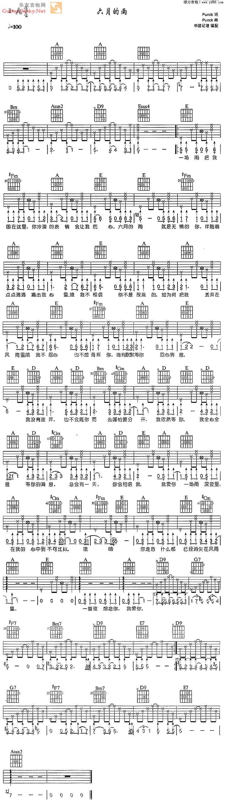 六月的雨(弹唱经典图片谱)吉他谱 