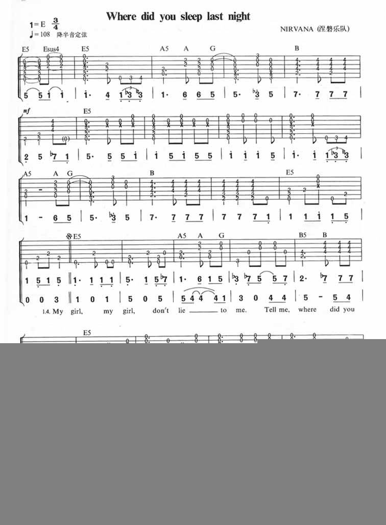 Where did you sleep last night吉他谱