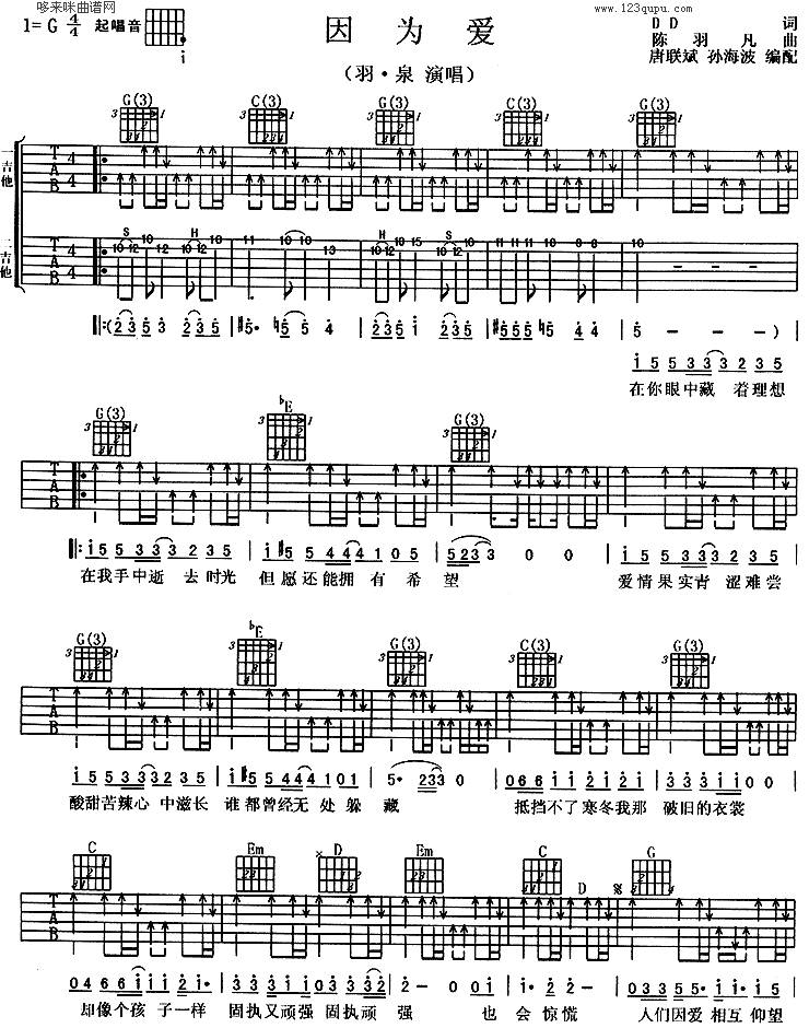 因为爱(羽泉)吉他谱