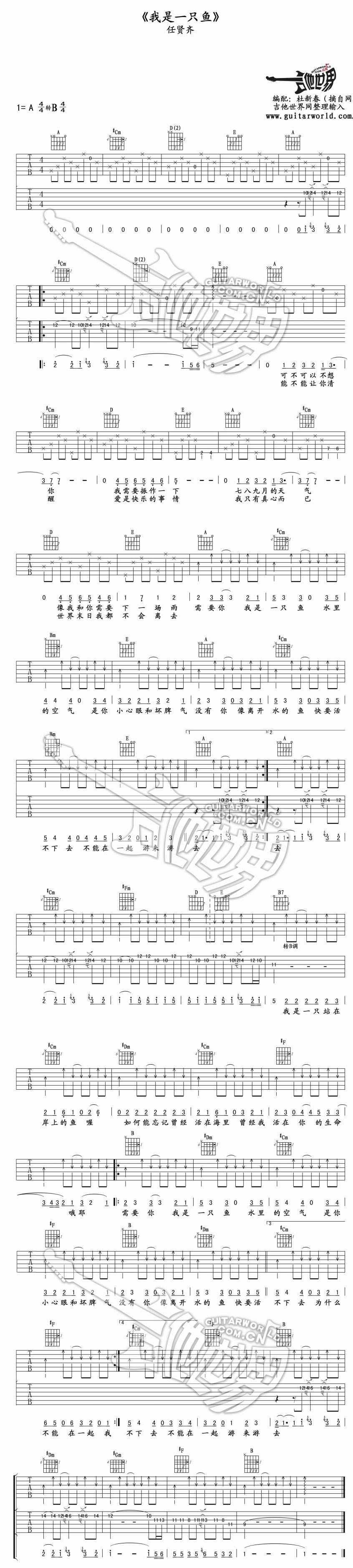 我是一只鱼 高清版吉他谱 
