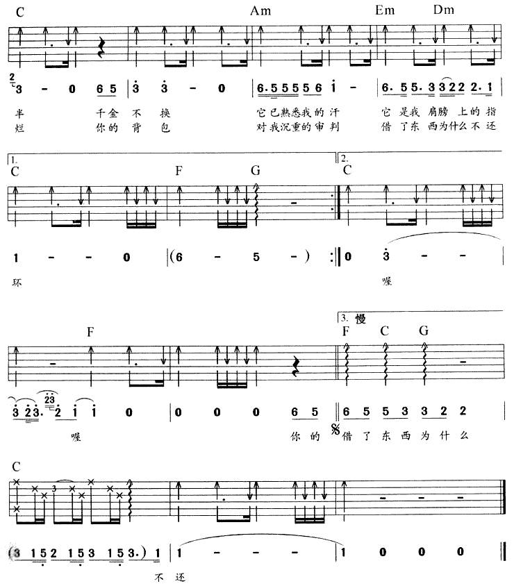 你的背包（陈奕迅演唱）吉他谱 