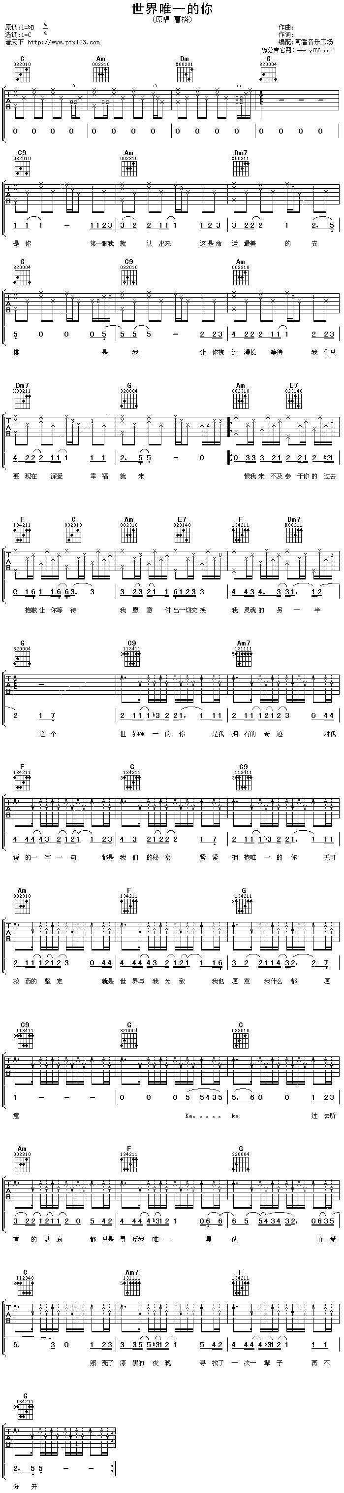 世界唯一的你吉他谱 