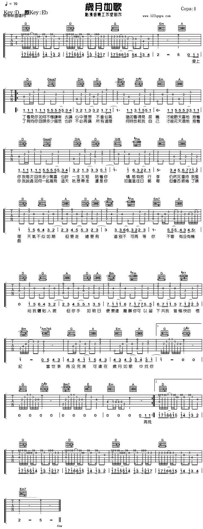 岁月如歌 （陈奕迅）吉他谱 