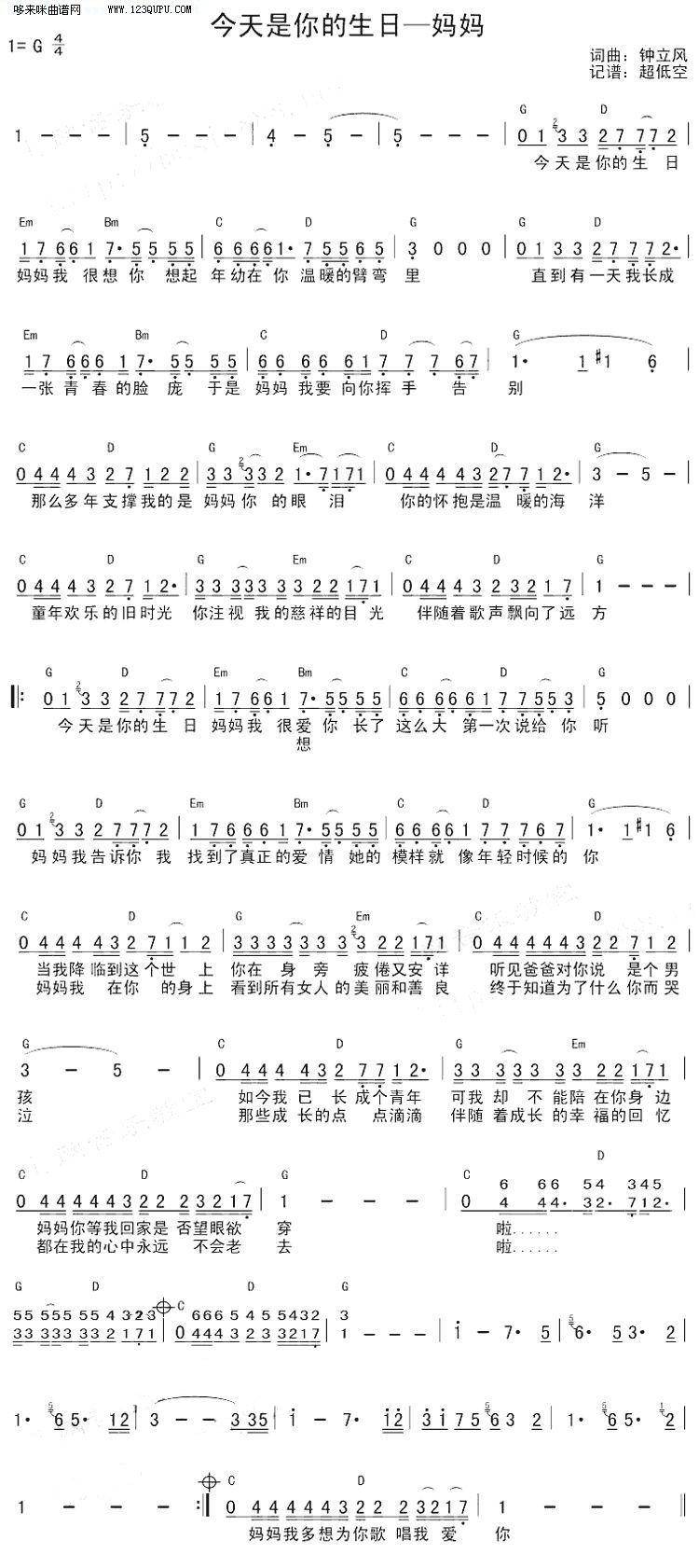 今天是你的生日,妈妈—钟立风吉他谱 