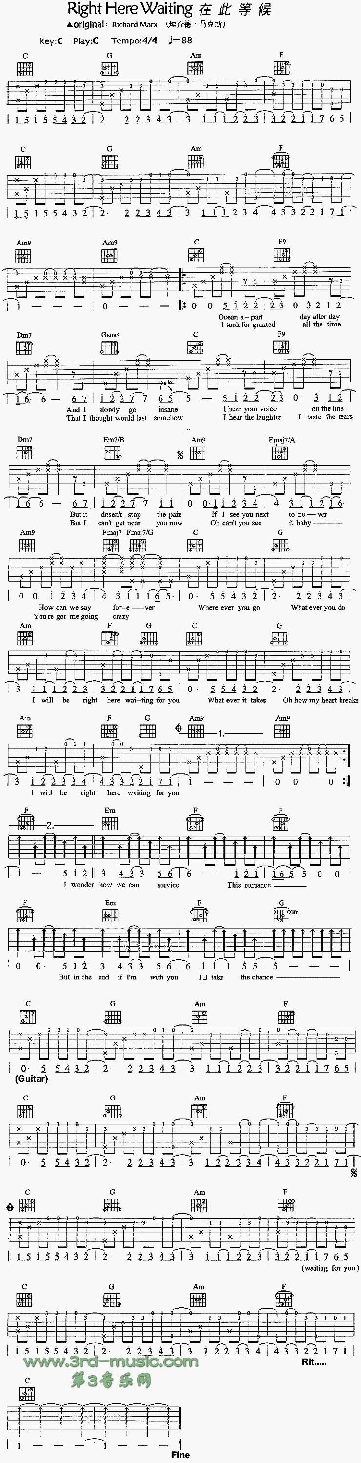 Right Here Waiting 在此等候吉他谱 