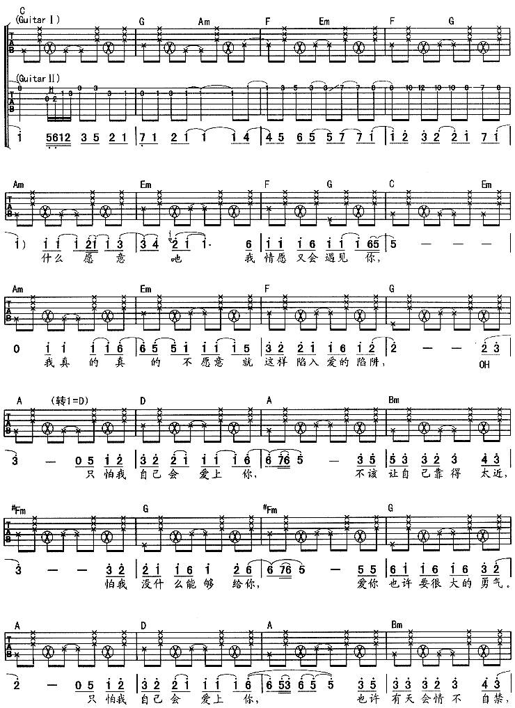 情非得已(《流星花园》主题曲)吉他谱