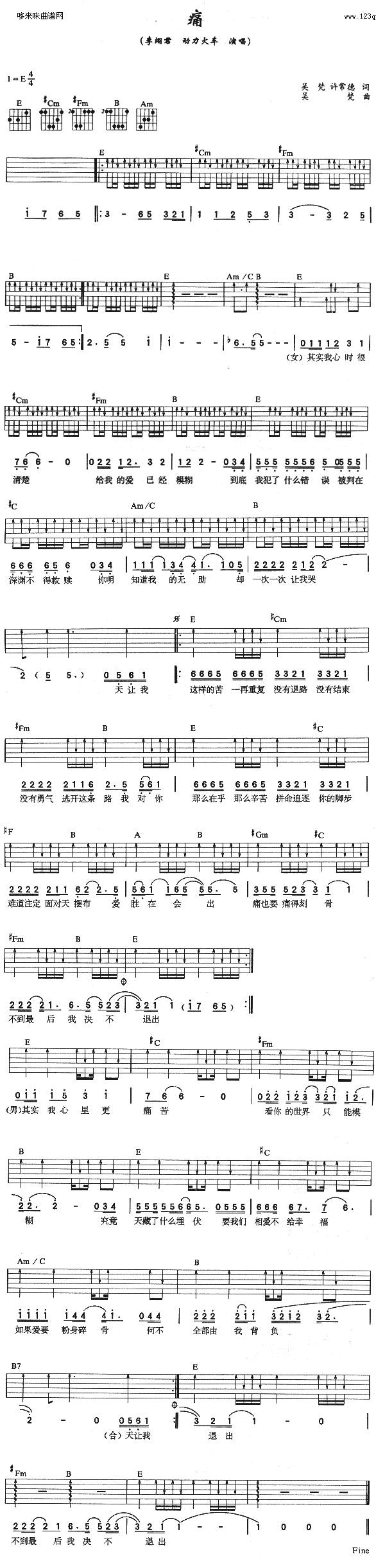 痛 (动力火车 李翊君 )吉他谱 