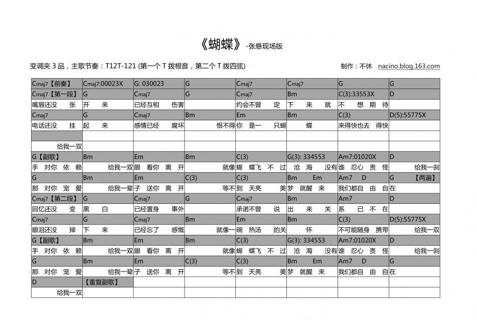 蝴蝶 简易版吉他谱 