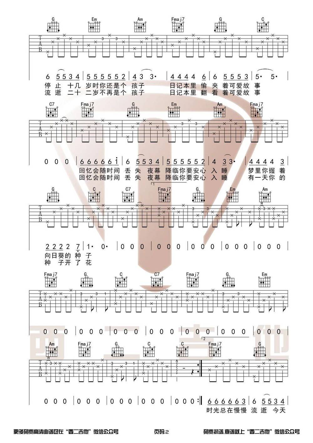 种子吉他谱_C调原版