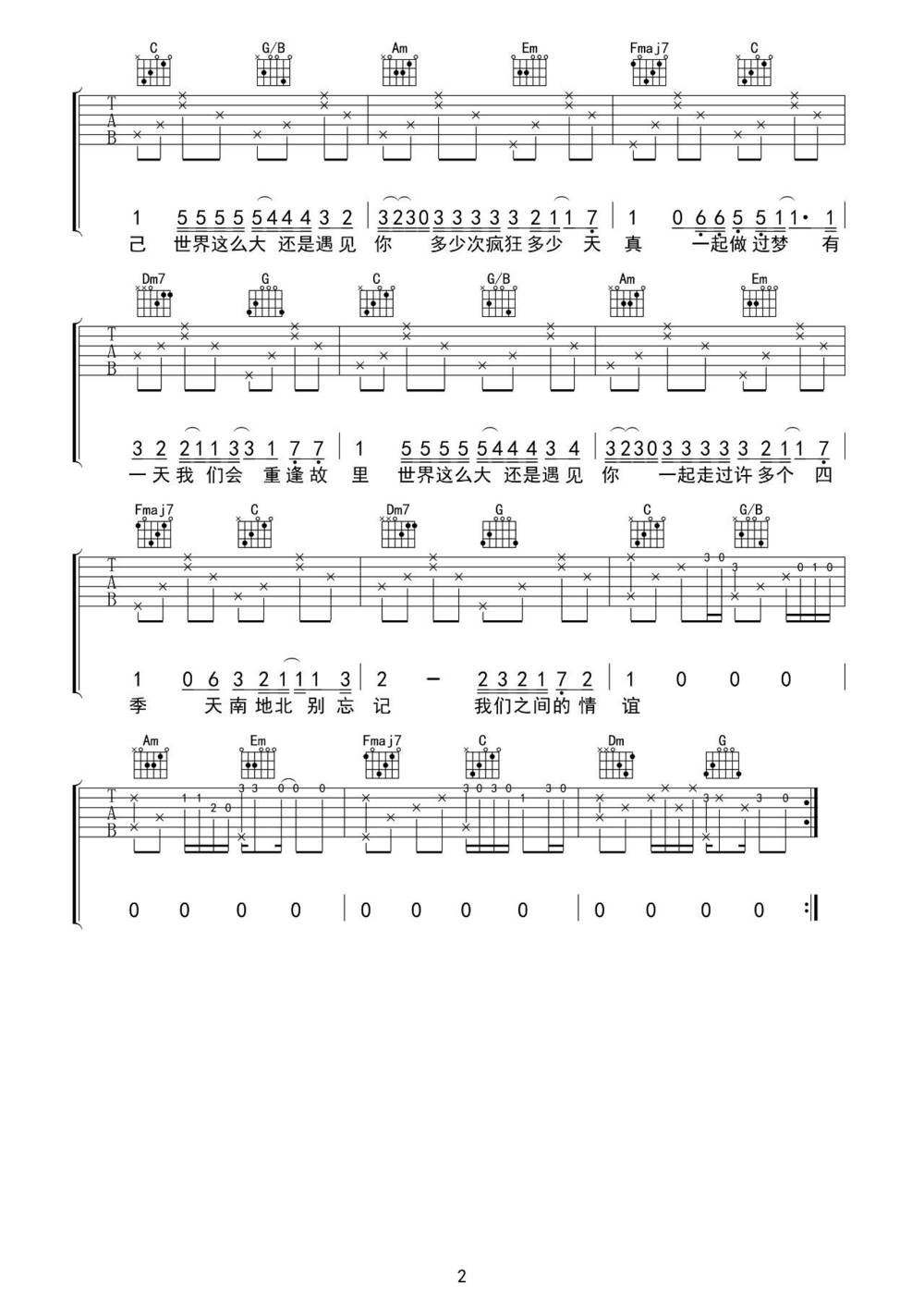 世界这么大还是遇见你吉他谱_C调版 