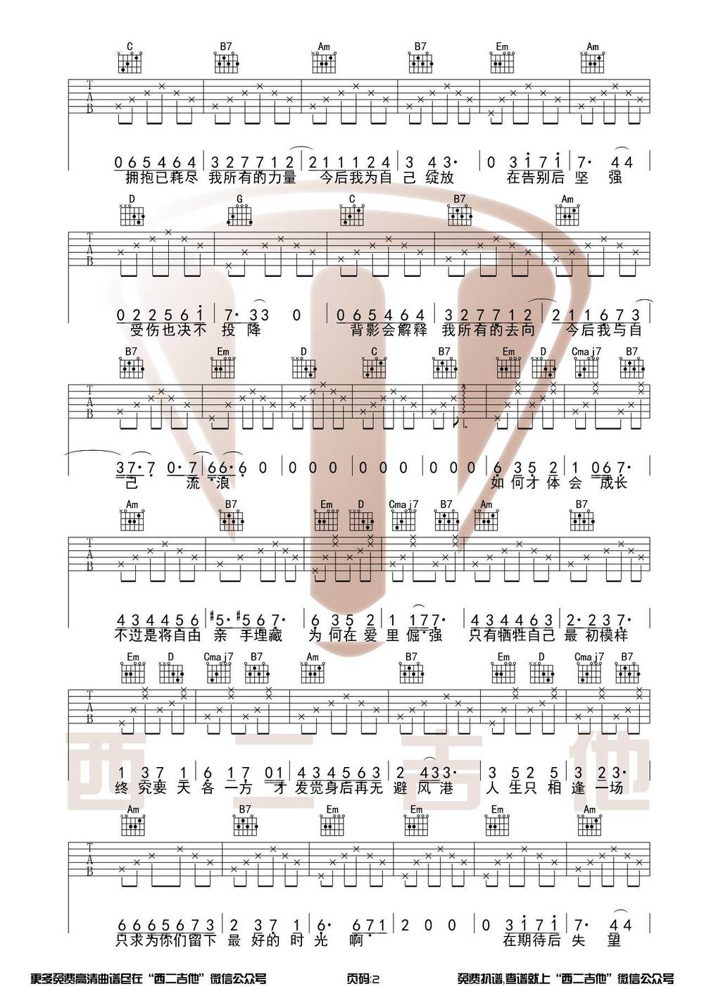 今后我与自己流浪吉他谱_G调版