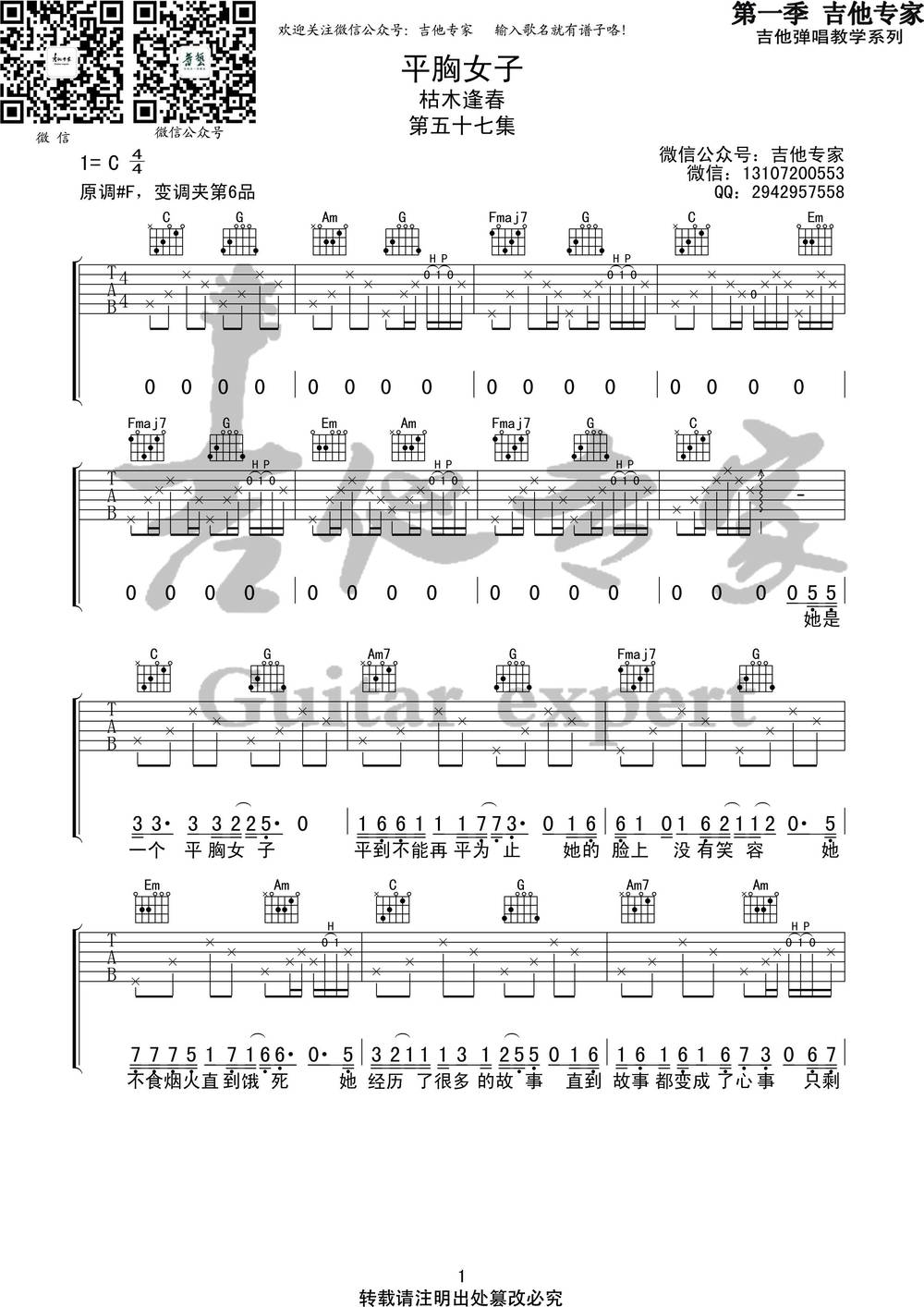 平胸女子吉他谱_C调版