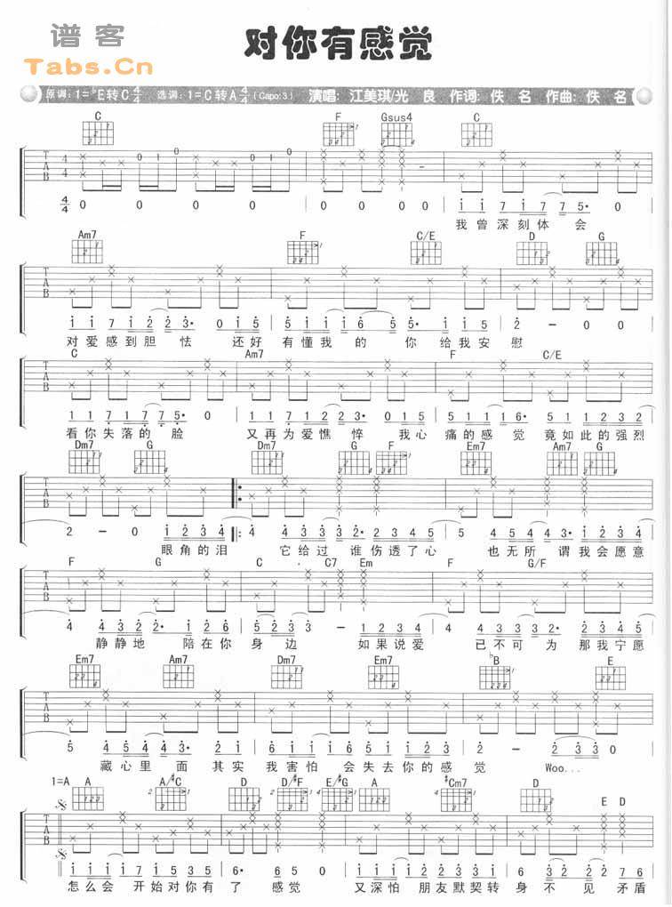 对你有感觉 完美版吉他谱 