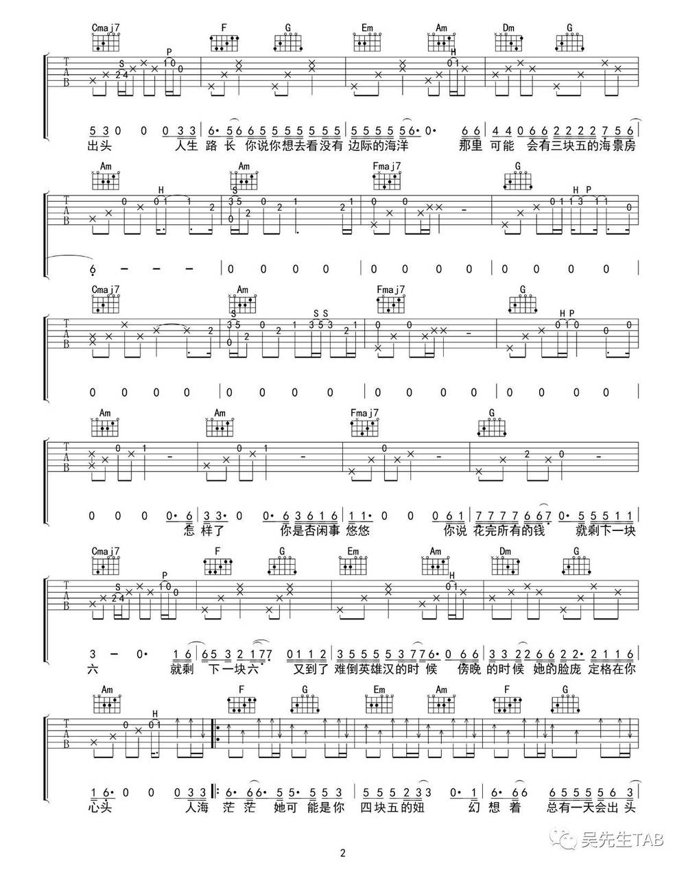 四块五吉他谱_C调版