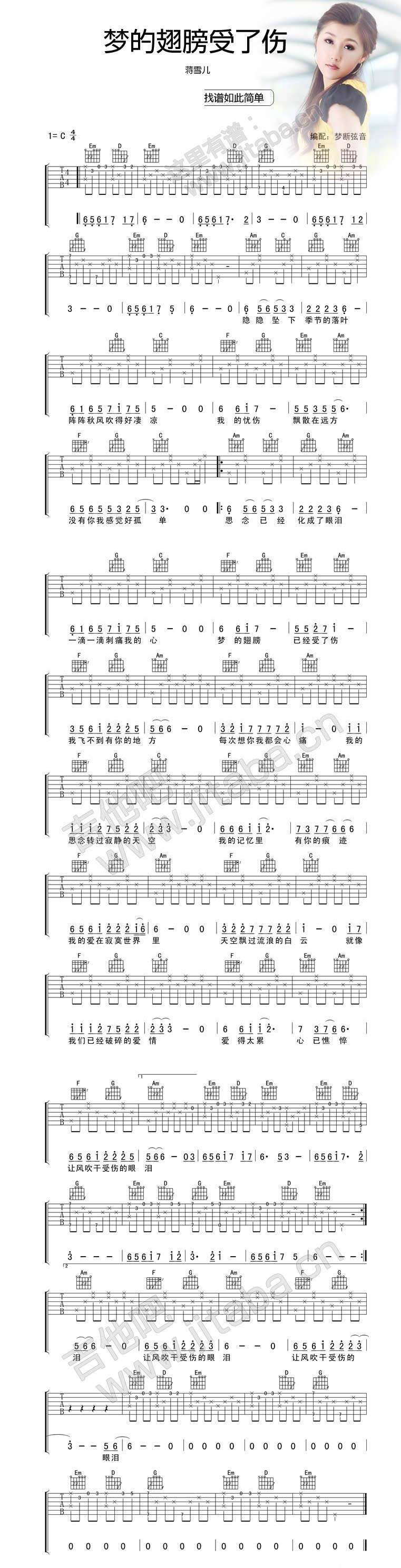 梦的翅膀受了伤 C调指法 蒋雪儿 孙露吉他谱 