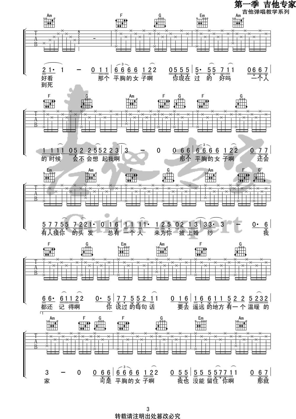 平胸女子吉他谱_C调版
