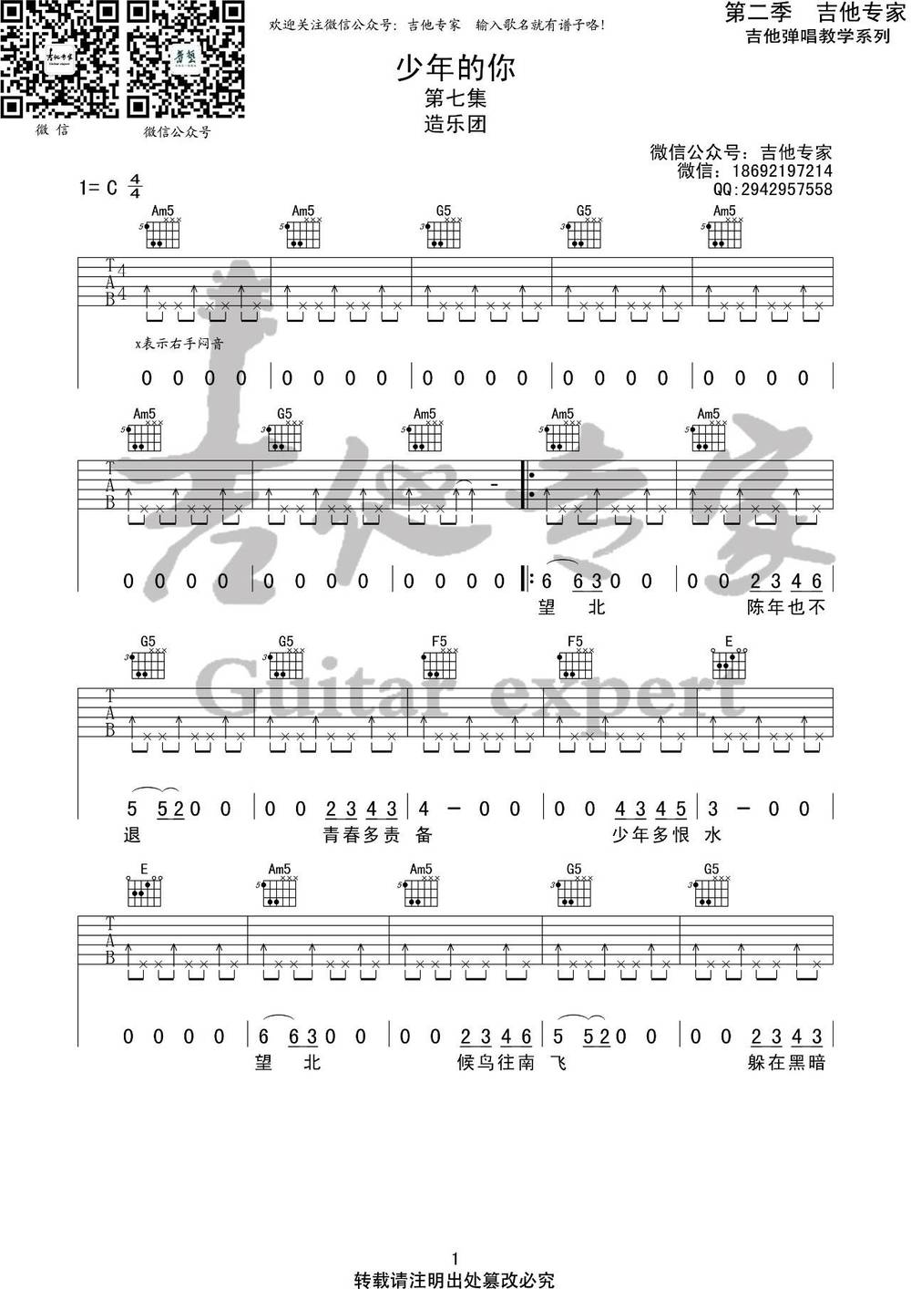 少年的你吉他谱_C调版