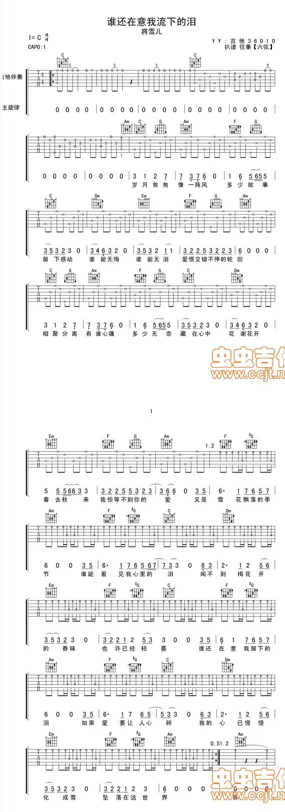 谁还在意我流下的泪吉他谱 