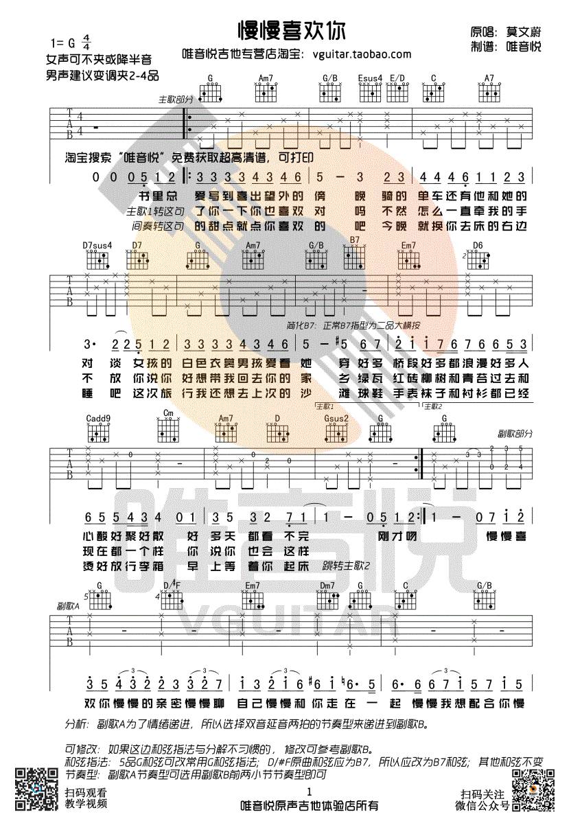 慢慢喜欢你吉他谱_G调版