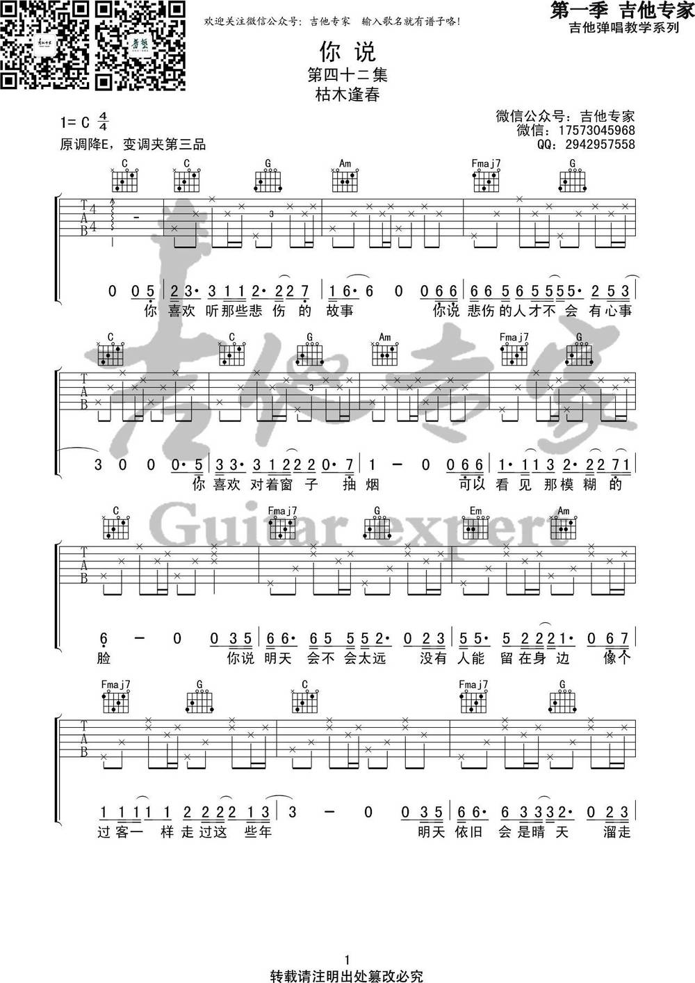 你说吉他谱_C调版