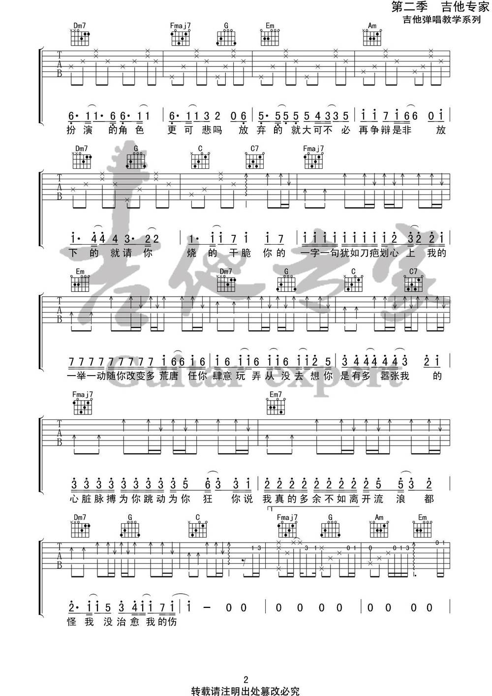 嚣张吉他谱_C调版