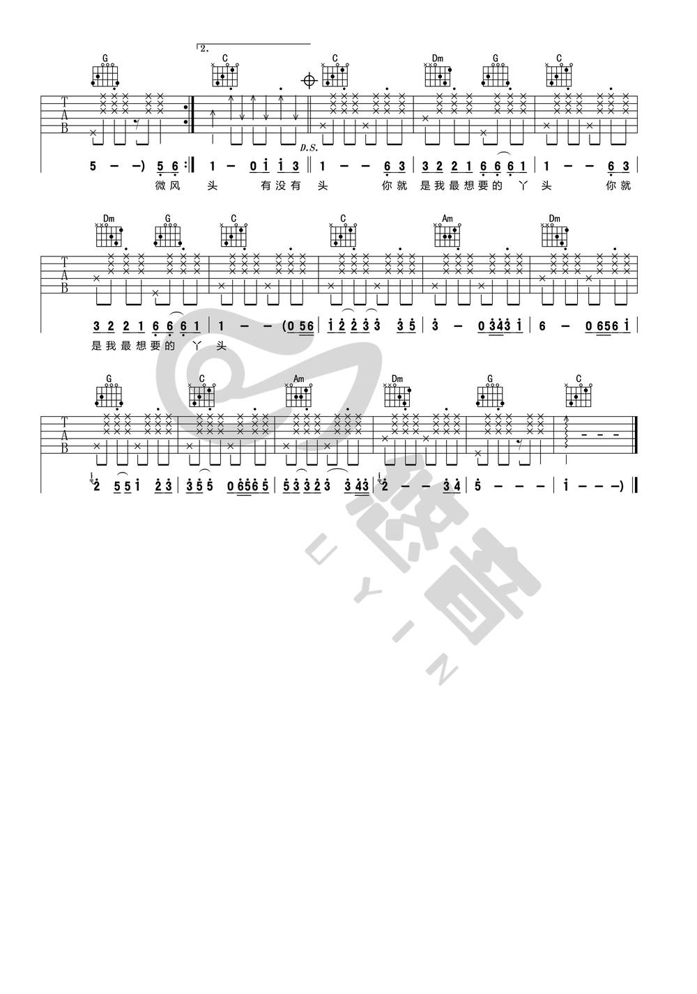 你就是我最想要的丫头吉他谱_C调简单版 
