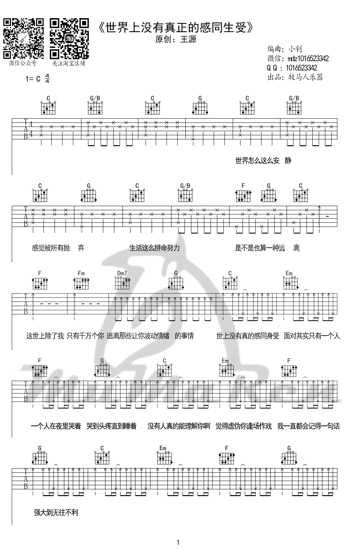 王源 世界上没有真正的感同身受吉他谱-1