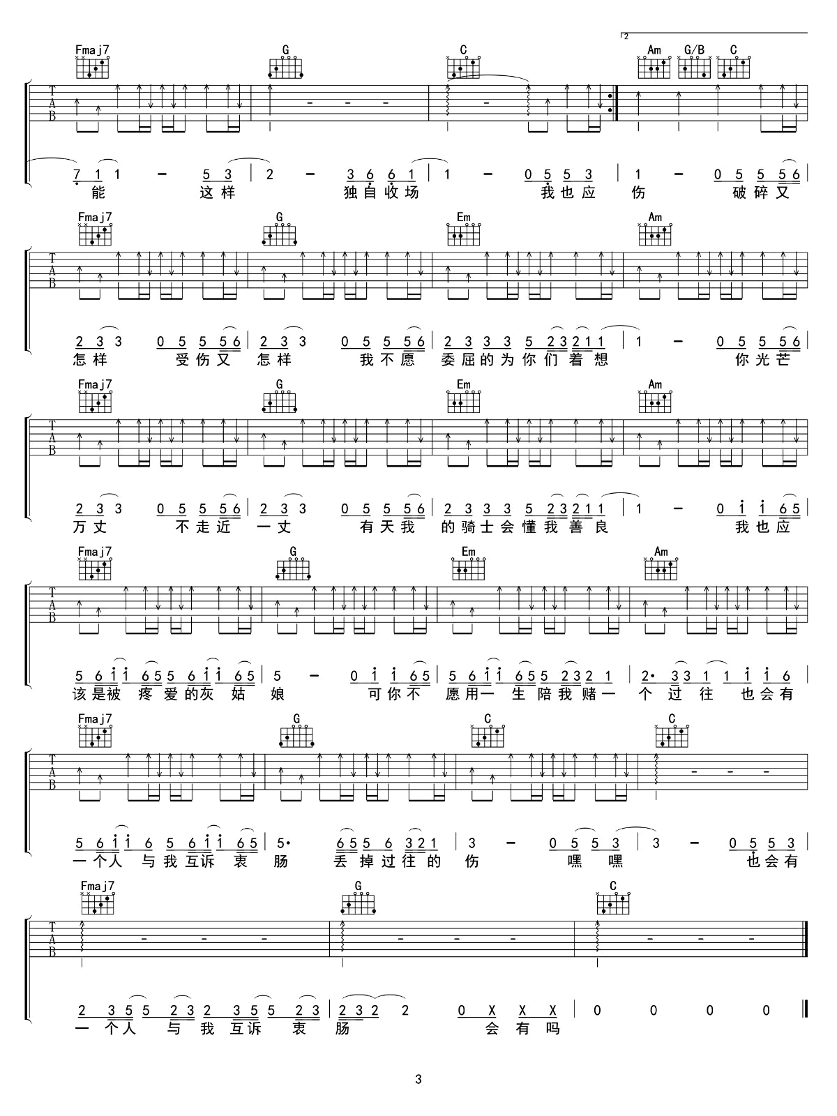 陈雪凝《灰姑娘》吉他谱C调-3