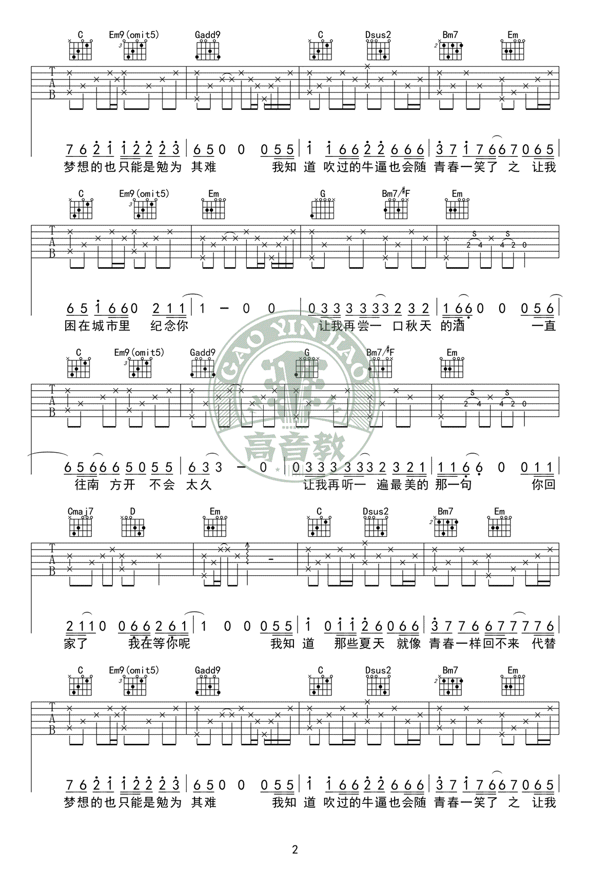 宋冬野《安河桥》吉他谱G调2