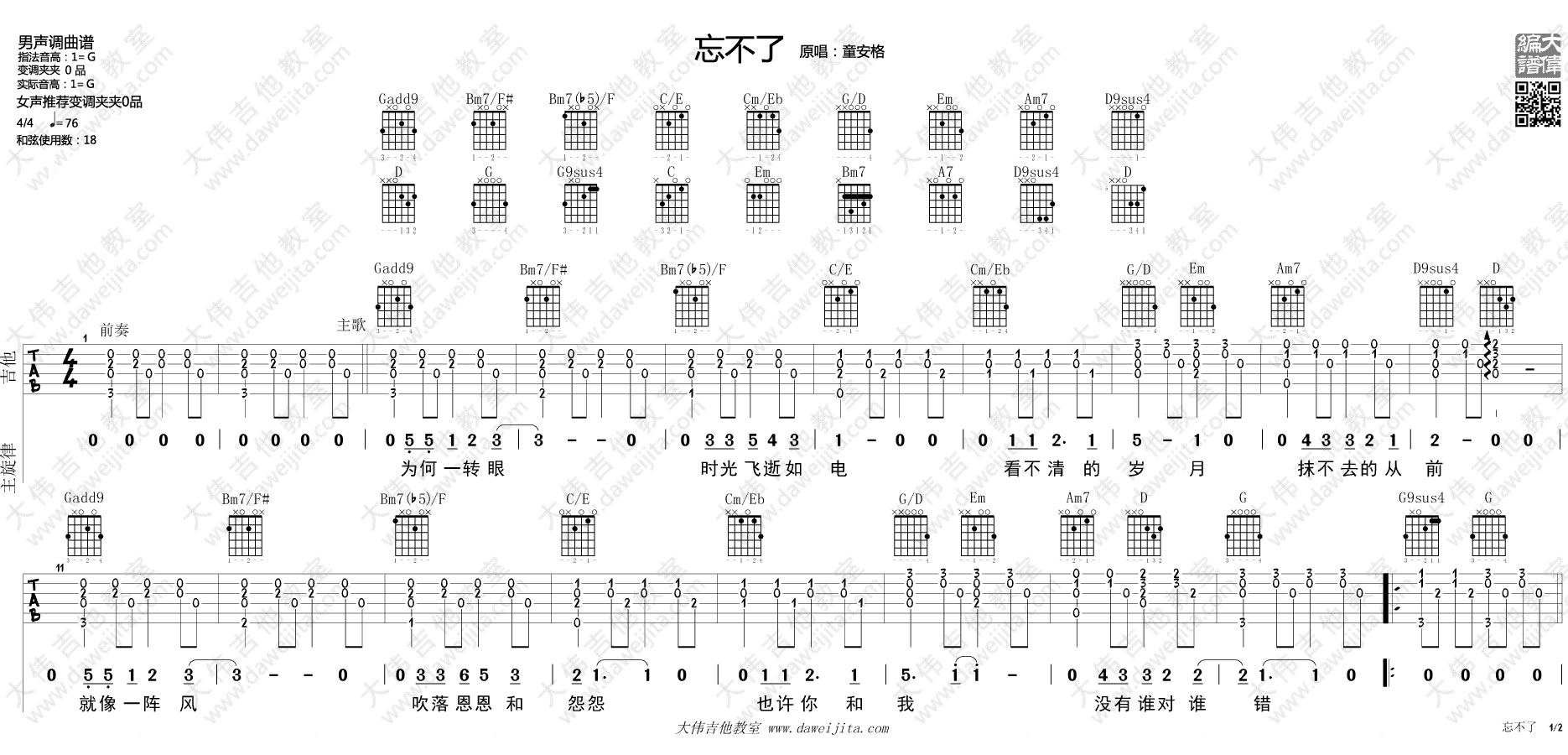 童安格忘不了吉他谱 六线谱