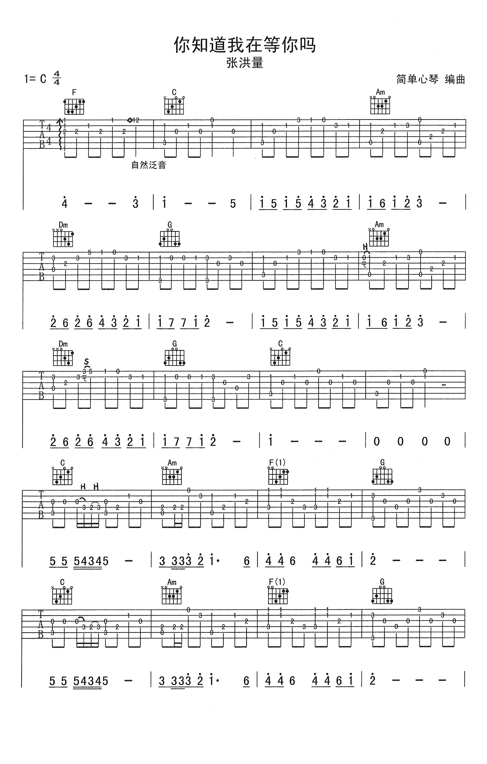 你知道我在等你吗吉他谱 张洪量