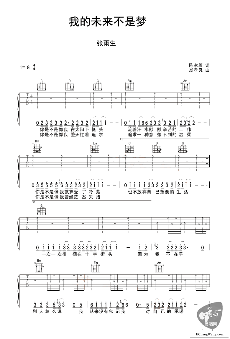 《我的未来不是梦》吉他谱 张雨生