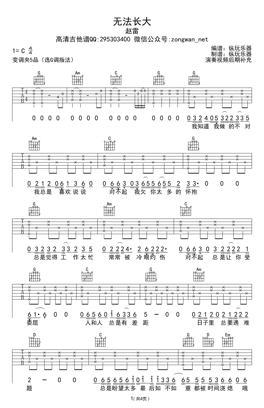 赵雷无法长大吉他谱