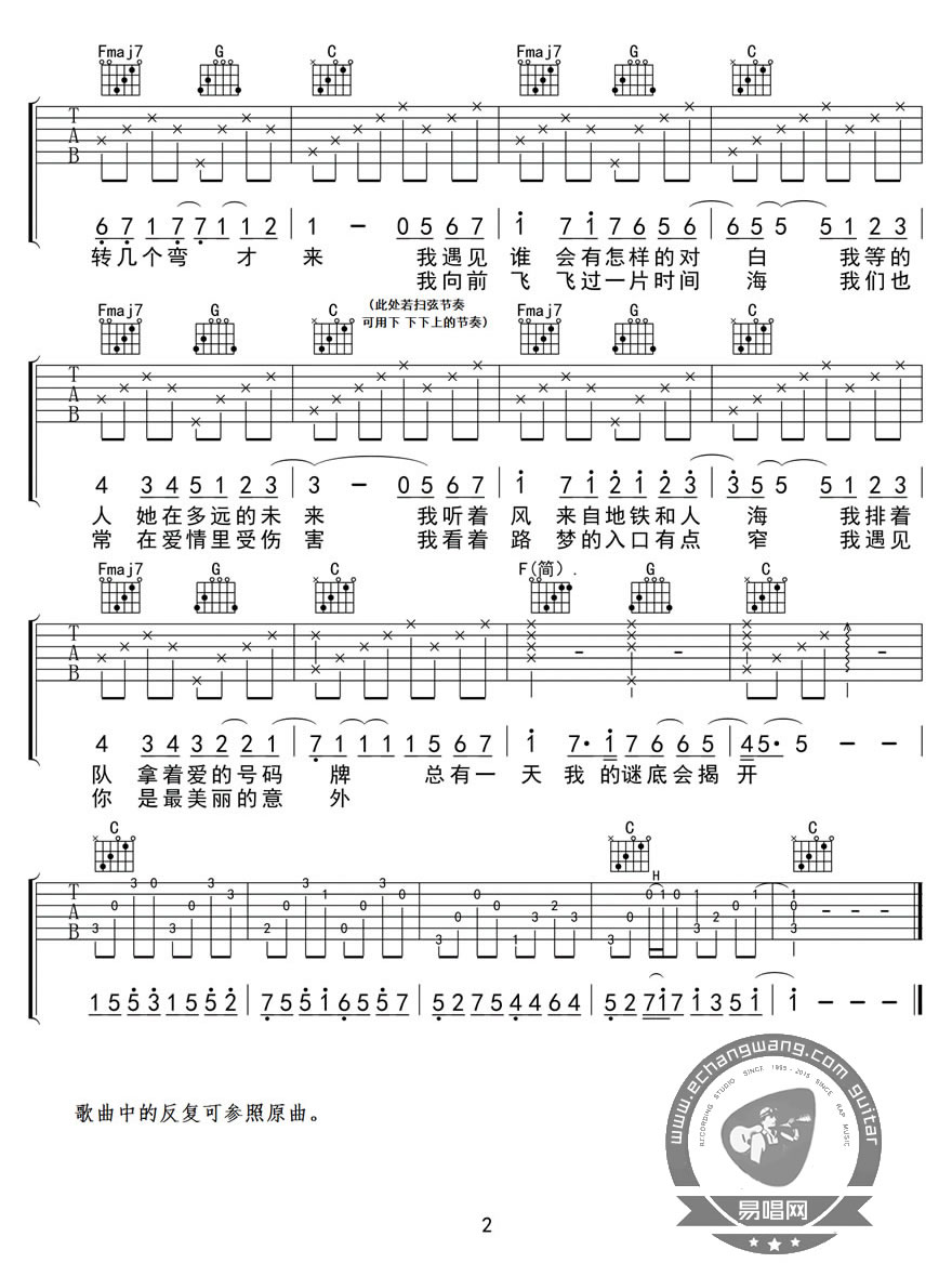 孙燕姿 遇见吉他谱 男生版