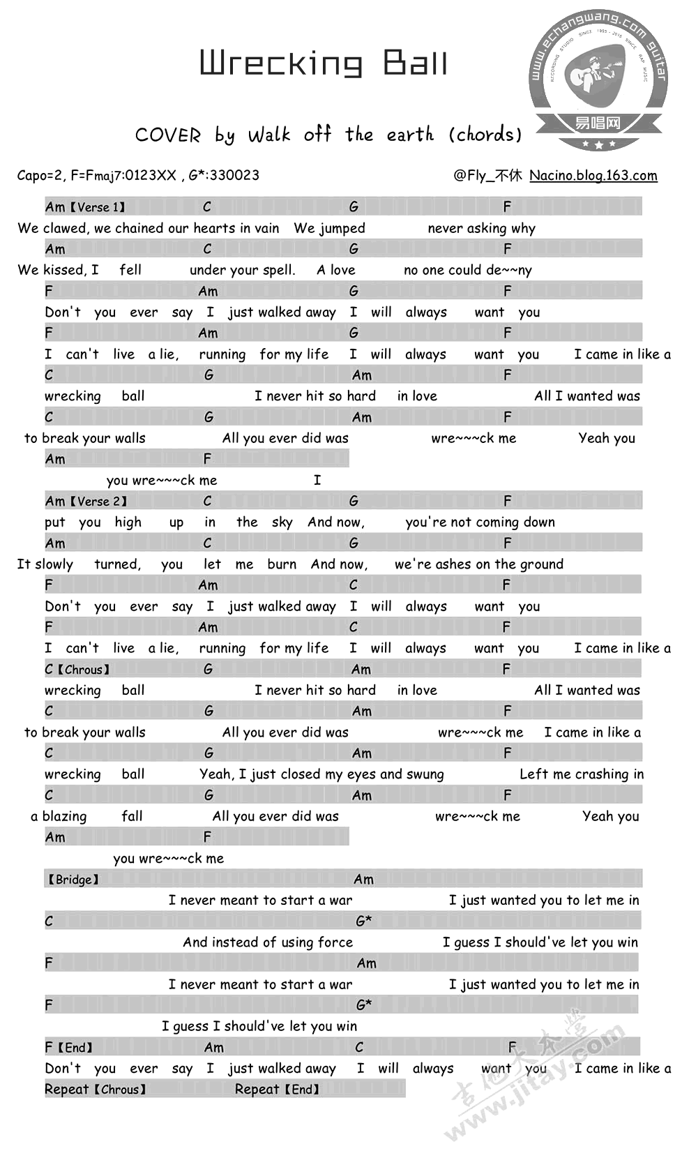 英文歌曲Wrecking Ball吉他谱